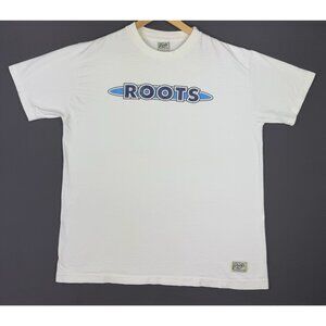 Vintage 90s Roots Canada Spell Out Logo Single Stitch White Shirt XL Sporting